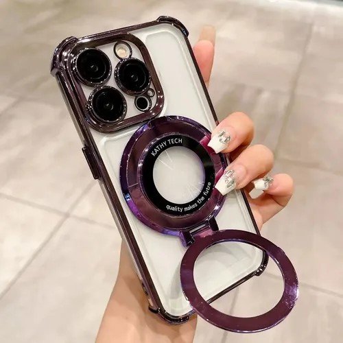 Funda Transparente con Bordes Morados y Anillo Trasero